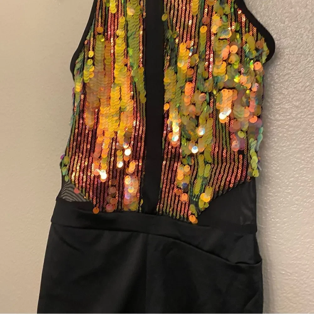 WEISSMAN Dance costume jazz black mesh gold sequin We Will Rock You 14757 SA